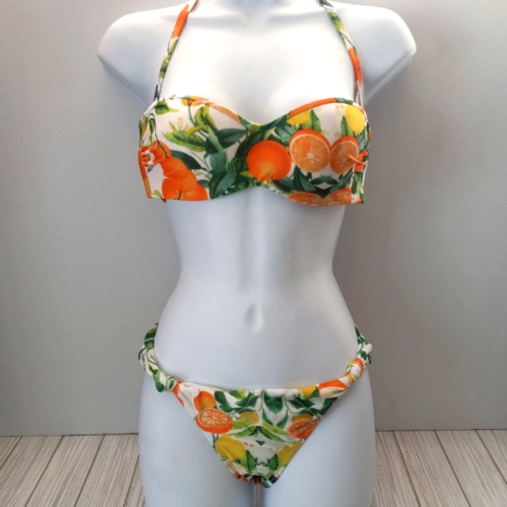 Daniela Corte Tropical Citrus Orange Fruit Print Swimsuit 2 Piece Bikini Set